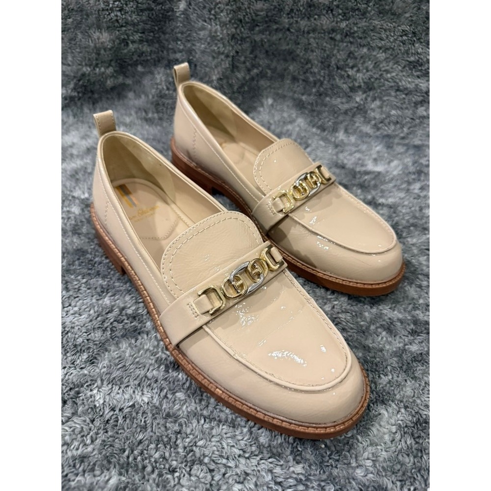 Sam Edelman Beige Patent Leather Loafers with Gold Chain
